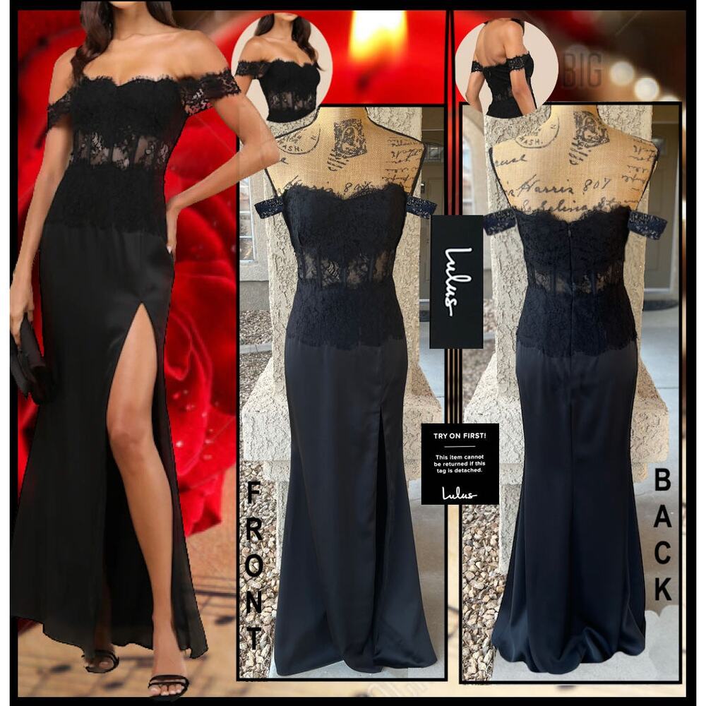 Lulus Black Lace Off-the-Shoulder Exceptionally Exquisite Maxi Dress Size L NEW